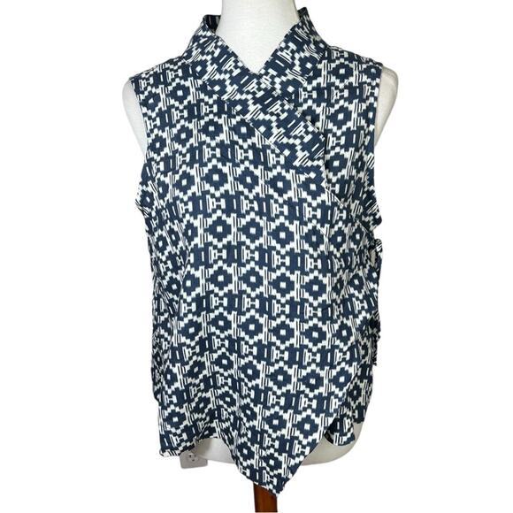 Bryn Walker Koroyo Linen Navy and White Ikat Sleeveless Wrap Vest Size L - Picture 1 of 9